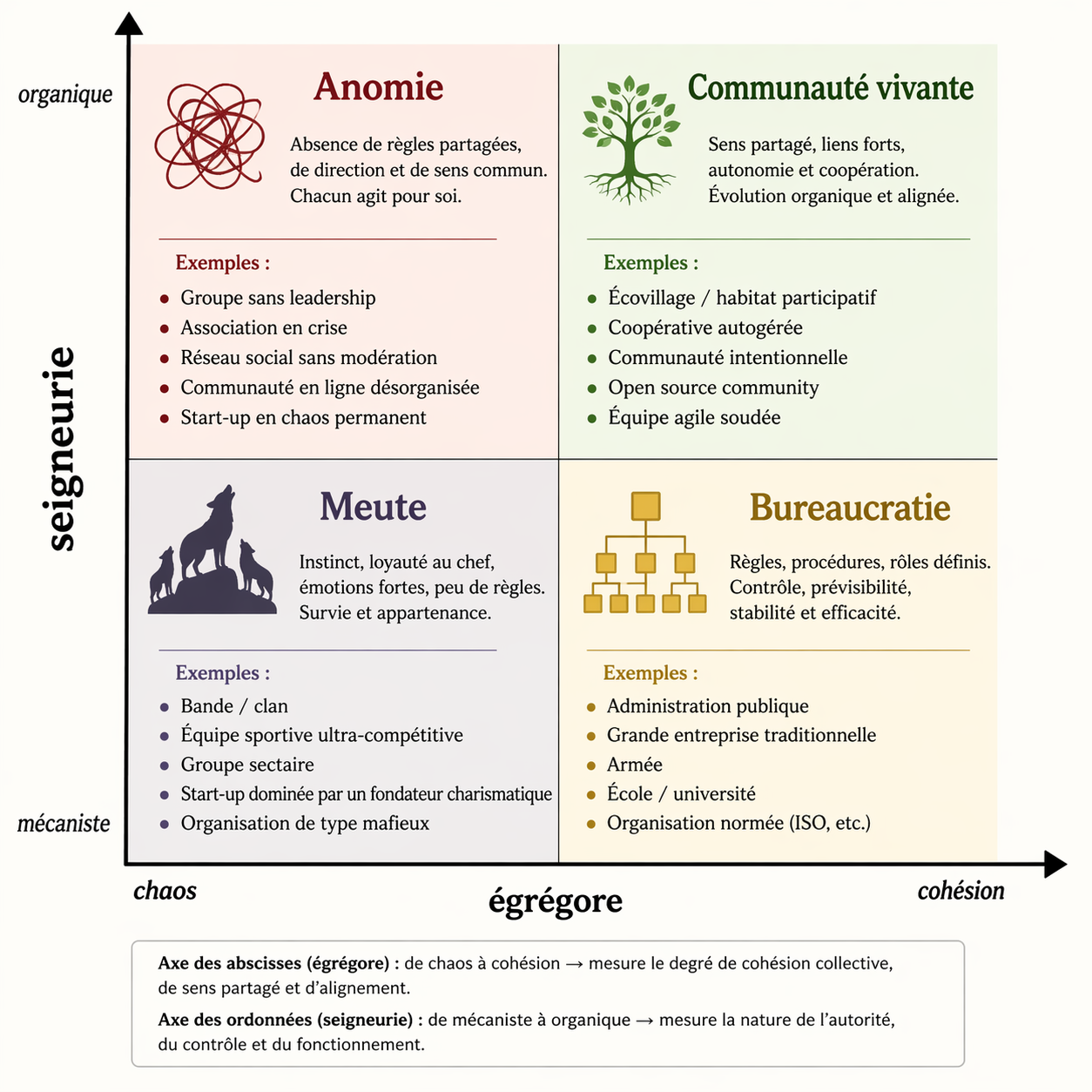 Matrice Égrégore / Seigneurie — quatre quadrants : Anomie, Communauté vivante, Meute, Bureaucratie