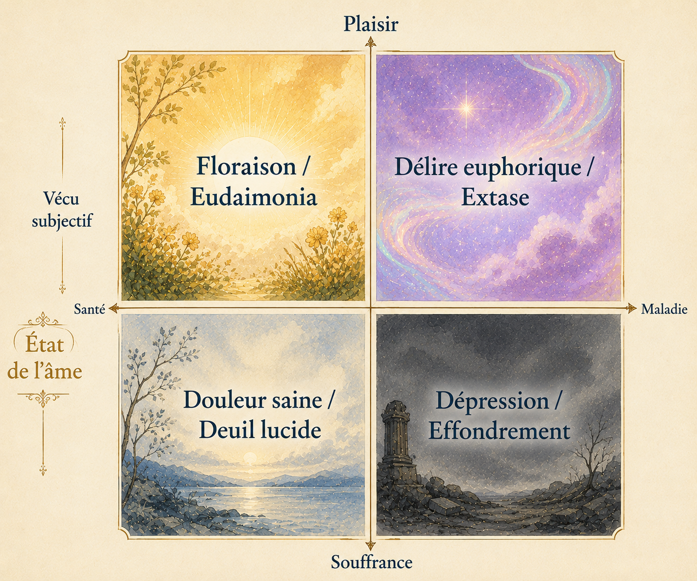 Matrice des états de l'âme : axes Santé/Maladie et Plaisir/Souffrance